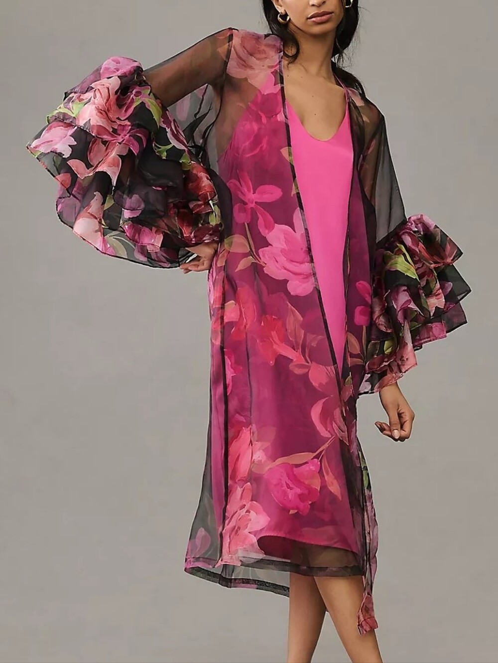 Anthropolofie Sheer Floral Ruffle Sleeve Kimono One Size Nwt